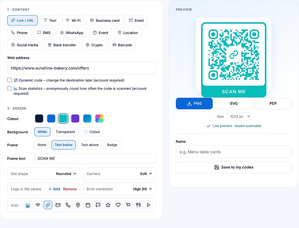 তৈরি করুন পেজ: ওয়েব ঠিকানা দেওয়া, রং টিল, SCAN ME লেখাসহ “নিচে লেখা” ফ্রেম আর মাঝখানে লিংকের চিহ্ন; ডানে PNG, SVG ও PDF ডাউনলোড বোতামসহ প্রিভিউ।